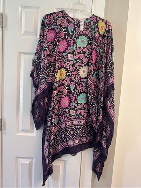 Free People Black Floral Kimono with Pink and Teal Accents